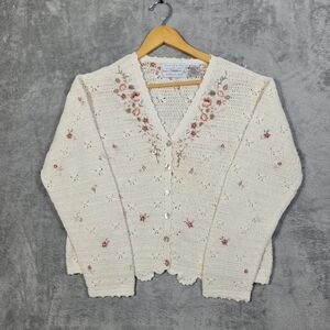 Crochet Cream Floral Embroidered Button-Front Cardigan